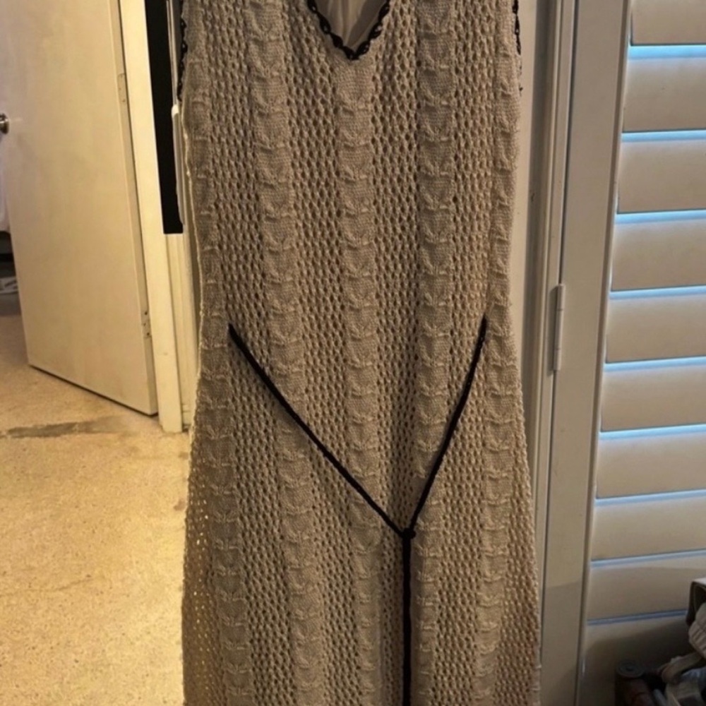 Elan Tasmin Crochet Knit V-Neck Maxi Dress in Beige with Black Trim Medium
